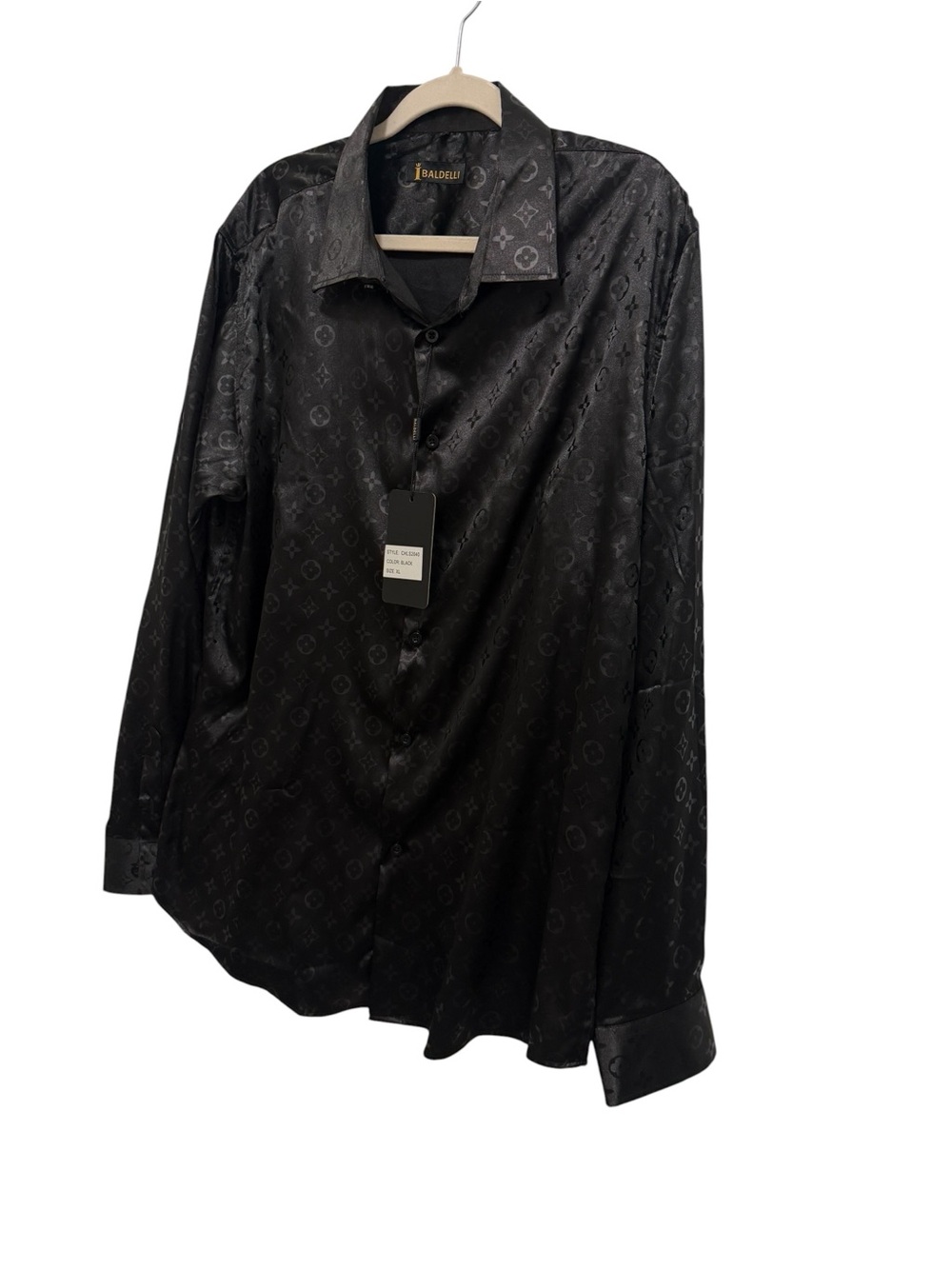 Men's Black Satin Button-Up Shirt. Copy of Louis Vuitton logo brand new. - Picture 8 of 11